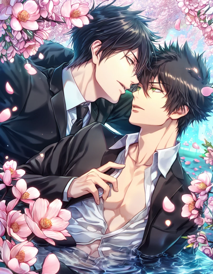 Ultra detailed, highres, absurdres, HDR, master piece, Ginoza Nobuchika, black hair, expressivee green eyes, Kougami Shinya, black hair, expressive grey eyes, Psycho Pass, fantasy, pink petals, water, pink flowers, handsome, two sexy man together, gay couple, yaoi, magical, best quality, blossoms, blue shining fireflies, black necktie, black jacket, love