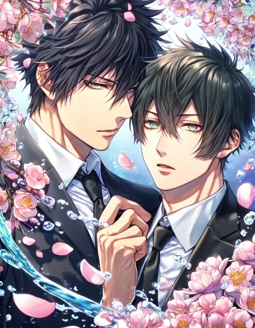 Ultra detailed, highres, absurdres, HDR, master piece, Ginoza Nobuchika, black hair, expressivee green eyes, Kougami Shinya, black hair, expressive grey eyes, Psycho Pass, fantasy, pink petals, water, pink flowers, handsome, two sexy man together, gay couple, yaoi, magical, best quality, blossoms, blue shining fireflies, black necktie, black jacket, love