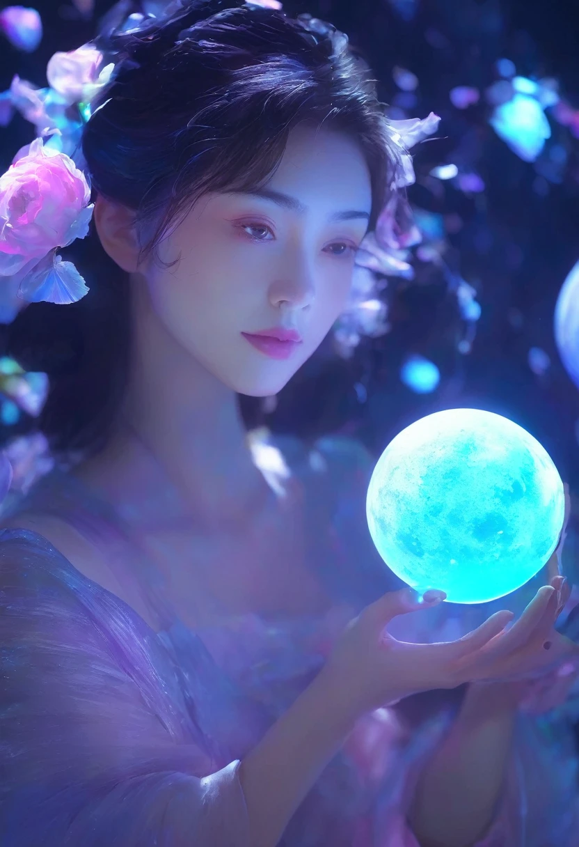 A girl holding a planet in her arms，close up，Glowing fluorescent feeling，Transparency，dream，Monet's color scheme，Texture Matte，high quality，High Definition，Rose red，blue，Neon light，Space Background