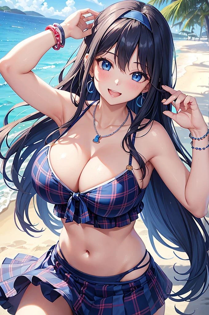 Highest quality、Highest quality、masterpiece、(8K),Beauty(Age 25)、Navy blue long hair、blue eyes、Sexy Bikini(Plaid)、Big cleavage、(Big Breasts)、smile、blue necklace、Blue Earrings、background(Beach)、Please open your mouth wide、White headband、bracelet、Dynamic pose