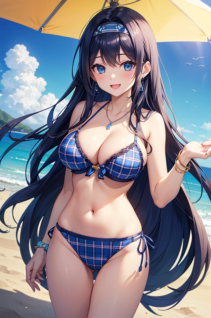 Highest quality、Highest quality、masterpiece、(8K),Beauty(Age 25)、Navy blue long hair、blue eyes、 Bikini(Plaid)、Big 、()、smile、blue necklace、Blue Earrings、background(Beach)、Please open your mouth wide、White headband、bracelet、Dynamic pose