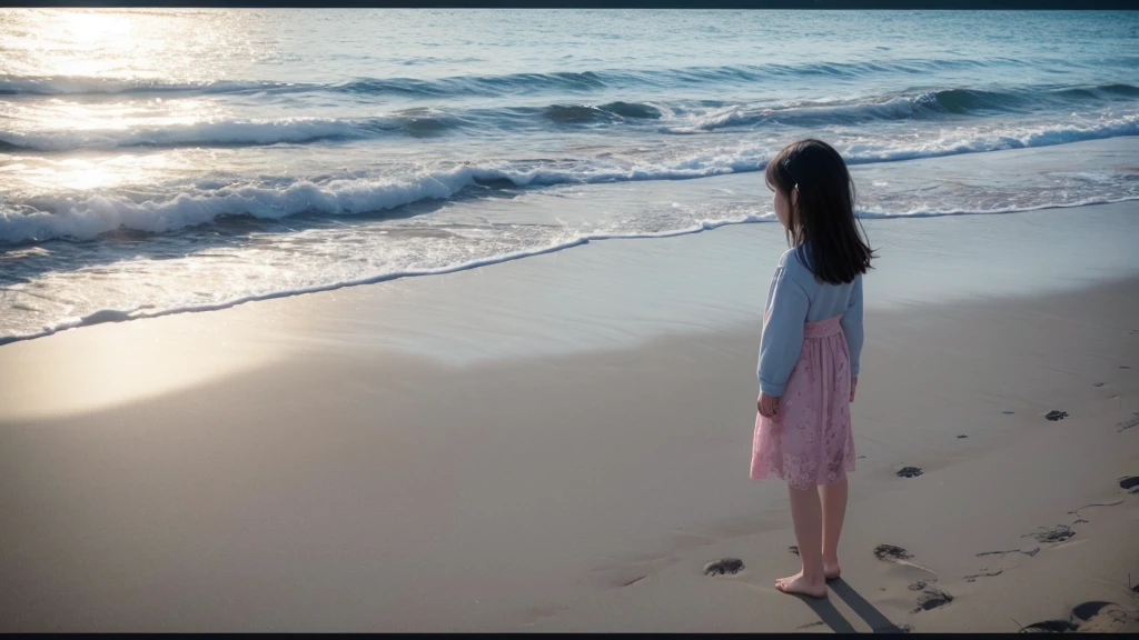 A girl standing on the beach、solo、Back view、11 year old girl、Black Hair、4K、（（Masterpiece））、（Delicate）