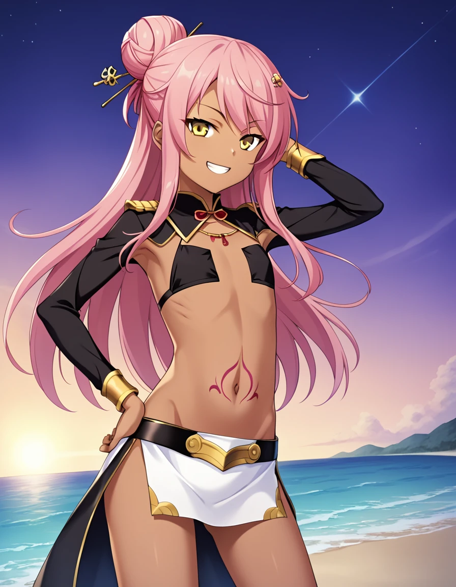 chloebase, pink hair, long hair, hair bun, hairpin, yellow eyes, dark skin, dark-skinned female, long sleeves, stomach tattoo, midriff, waist cape, 1girl, solo, younger, flat chest,
high quality, solo, night sky, beach, arm behind head, hand on hip, contrapposto, closed mouth, spread armpits, (cowboy shot:1.5), looking at viewer, grin, best quality, game cg, anime screencap, official art, masterpiece, best quality
