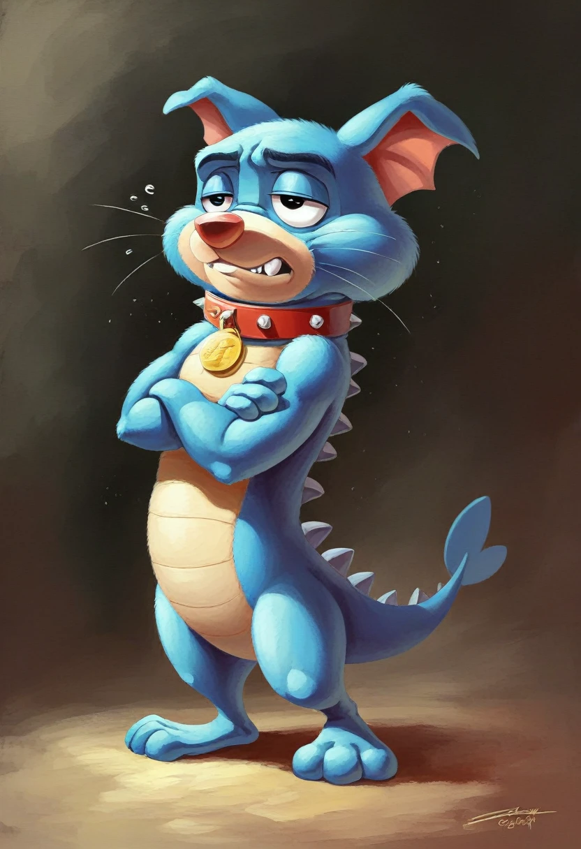 Blue Dog,Sleepy eyes,Spiny collar,2:2,Doraemon-like form,Bulldog,Ultra HD,4K,Delicate coat,Beautiful texture like Pixar,Disney-like characters,Dropped ears,Fangs protruding from the lower teeth,Blue Bulldog,whole body,2:2,もっとSleepy eyes,もっとDropped ears,More spikey collar,Red collar with silver spikes,More blue fur,Eyes with half-closed eyelids,Drawing the whole body,Arms crossed,Has three whiskers on each side,Even the legs are visible,No clothes on,Make it fatter,Feeling lethargic,Body and face are the same size,You can see all the way to your feet,No clothes on,Beautiful fur,My eyelids are about to fall off,Bipedal,The ears are large and droopy,large jaw,Lower teeth protruding,Silvery spines protruding from the collar