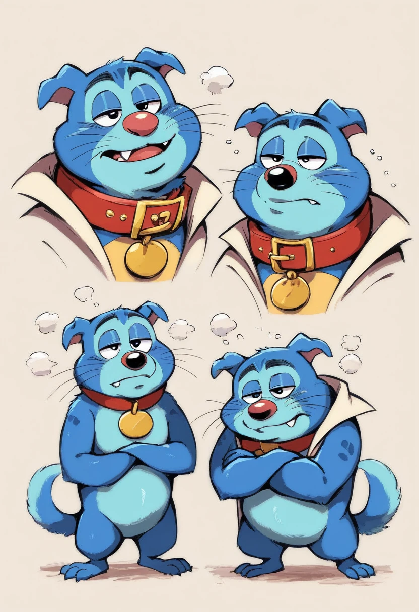 Blue Dog,Sleepy eyes,Spiny collar,2:2,Doraemon-like form,Bulldog,Ultra HD,4K,Delicate coat,Beautiful texture like Pixar,Disney-like characters,Dropped ears,Fangs protruding from the lower teeth,Blue Bulldog,whole body,2:2,もっとSleepy eyes,もっとDropped ears,More spikey collar,Red collar with silver spikes,More blue fur,Eyes with half-closed eyelids,Drawing the whole body,Arms crossed,Has three whiskers on each side,Even the legs are visible,,Make it fatter,Feeling lethargic,Body and face are the same size,You can see all the way to your feet,,Beautiful fur,My eyelids are about to fall off,Bipedal,The ears are large and droopy,large jaw,Lower teeth protruding,Silvery spines protruding from the collar