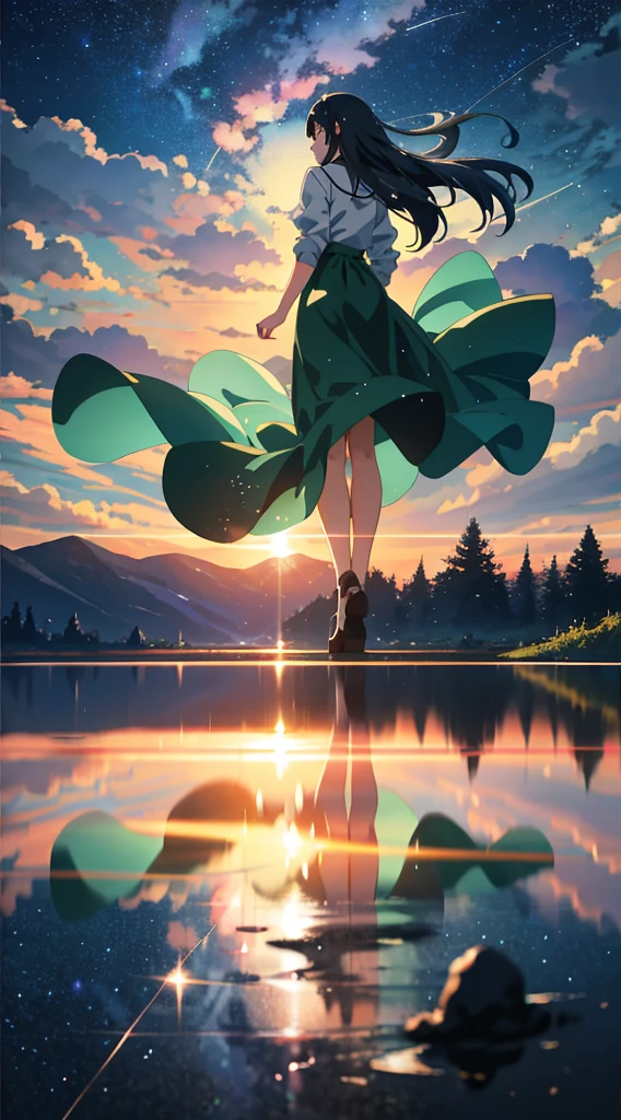High quality masterpiece, landscape, anime train passing through bodies of water on tracks, bright starry sky. Romantic train, pixiv, concept art, lofi art style, reflection. by Makoto Shinkai, lofi art, Beautiful anime scene, Anime landscape, detailed scenery —width 672, in style of Makoto shinkai, style of Makoto shinkai, enhanced details.