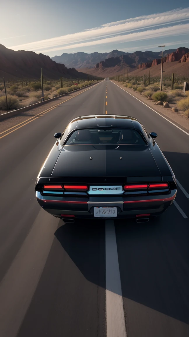  gleaming, exhibition-quality Dodge Challenger catches the light, its chrome sparkling. Behind it, the iconic arizona desert, scorching desert, long highway, 70s car, Dramatic and dynamic composition, realistic skin textures, ighly detailed, 8k wallpaper, real looking skin,a picture,Live action,