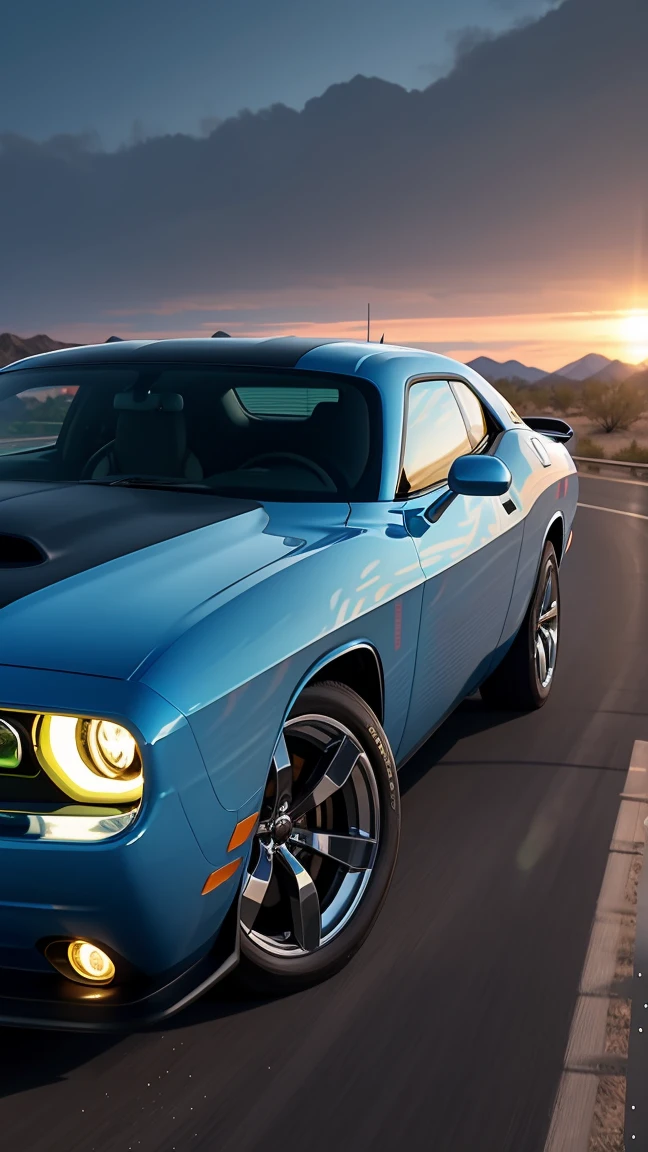 gleaming, exhibition-quality Dodge Challenger catches the light, its chrome sparkling. Behind it, the iconic arizona desert, scorching desert, long highway, 70s car, Dramatic and dynamic composition, realistic skin textures, ighly detailed, 8k wallpaper, real looking skin,a picture,Live action,