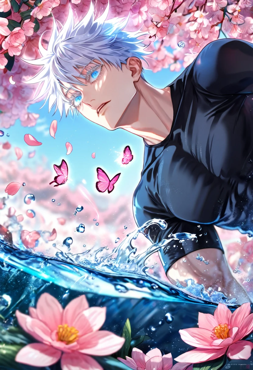 absurdres, highres, ultra detailed, HDR, master piece, best quality, Gojou Satoru, white hair, expressive blue eyes, white eyelashes, jujutsu kaisen, black tight T-shirt, solo, sexy man, handsome, fantasy, shining, water, pink flowers, pink blossoms, pink butterflies, pink petals