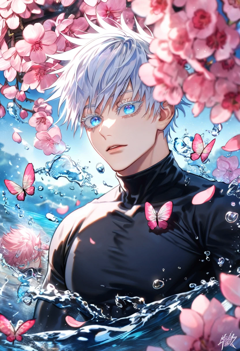 absurdres, highres, ultra detailed, HDR, master piece, best quality, Gojou Satoru, white hair, expressive blue eyes, white eyelashes, jujutsu kaisen, black tight T-shirt, solo, sexy man, handsome, fantasy, shining, water, pink flowers, pink blossoms, pink butterflies, pink petals