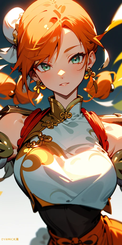 1 girl、one person、skinny body shape、orange clothes、orange hair、beautiful green eyes、intense joy on the face、white uniform with golden decorations、upper body close-up, style of Chun-li clothes