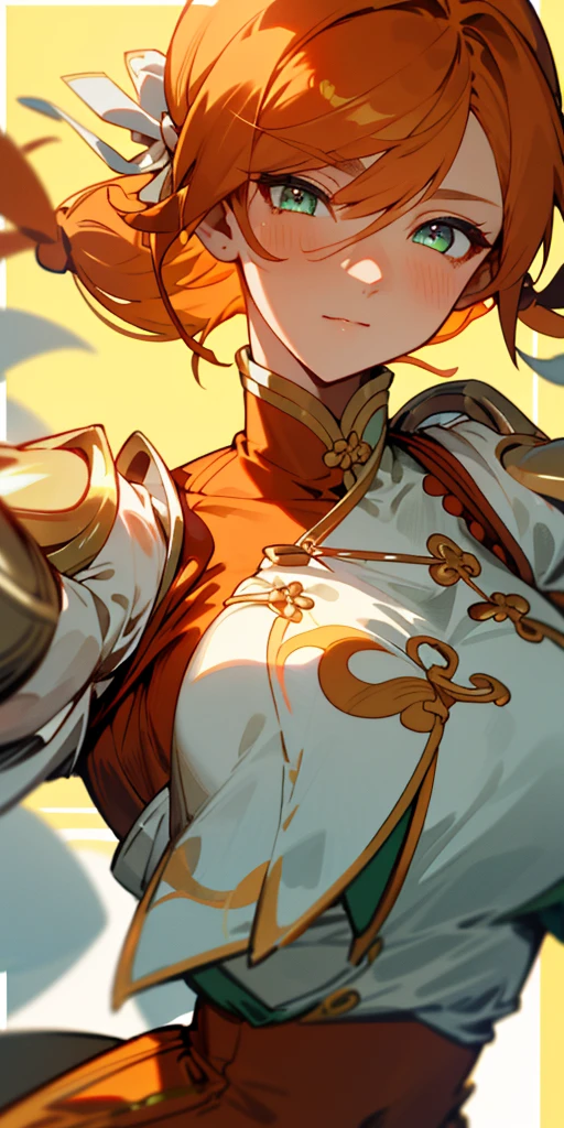 1 girl、one person、skinny body shape、orange clothes、orange hair、beautiful green eyes、intense joy on the face、white uniform with golden decorations、upper body close-up, style of Chun-li clothes