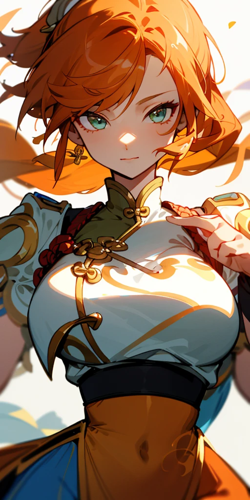 1 girl、one person、skinny body shape、orange clothes、orange hair、beautiful green eyes、intense joy on the face、white uniform with golden decorations、upper body close-up, style of Chun-li clothes