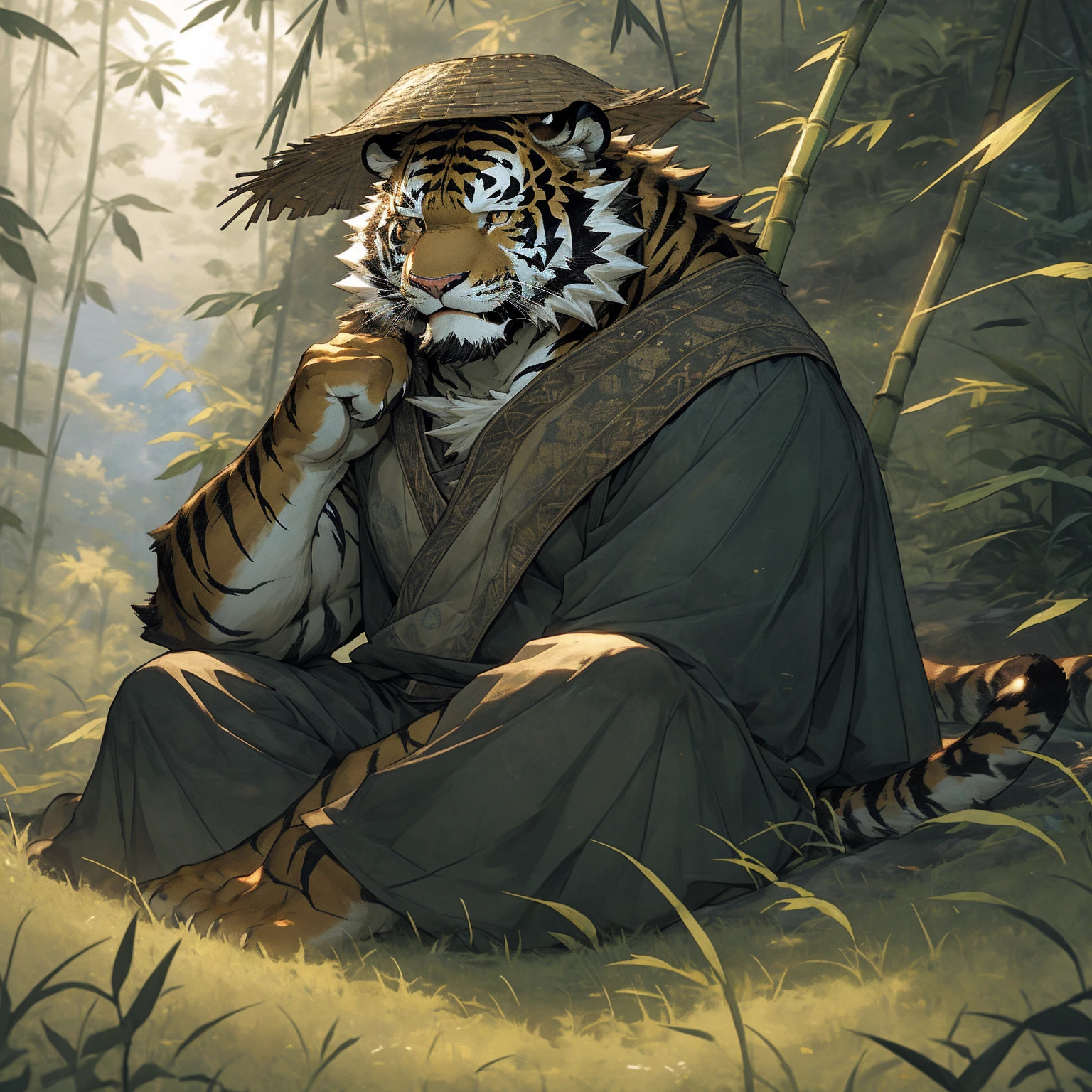 In the dense forest, the cursed black tiger with black fur wears a bamboo hat and lives in seclusion in the mountains and forests. Sitting next to the grass house, he looks out into the distance. The mature, deep, and experienced black tiger with black fur