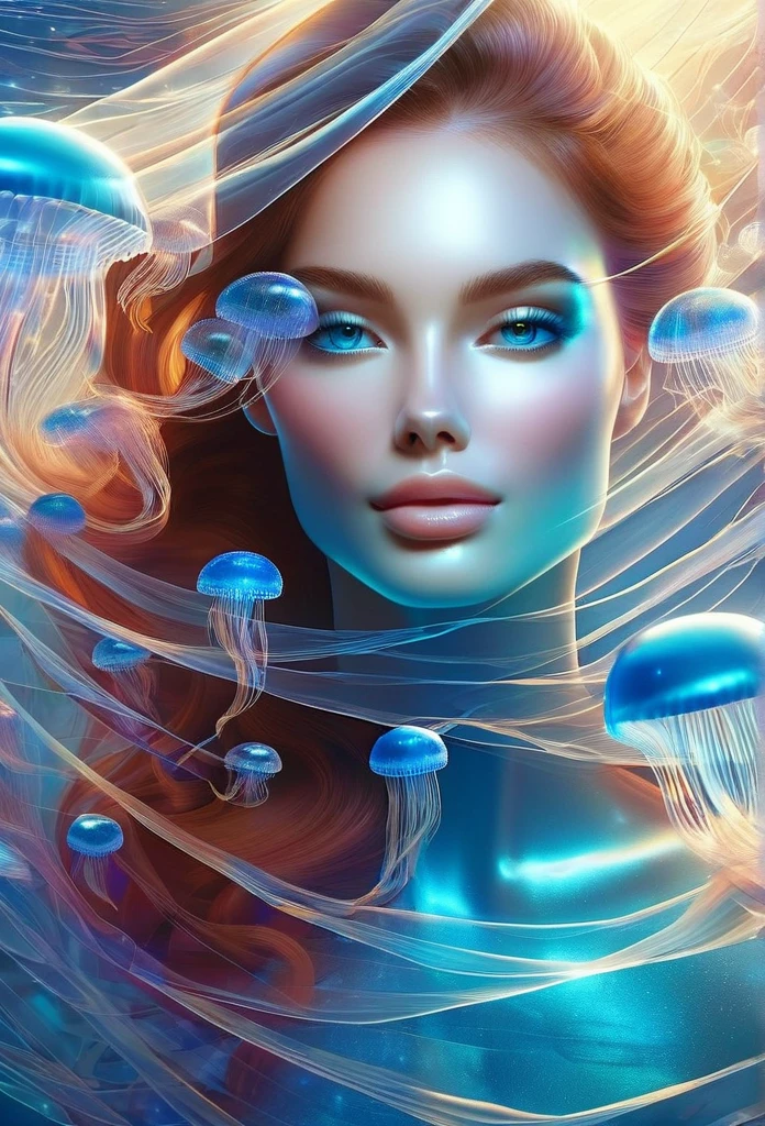 Beautiful face, big-eyed woman 20 years old jellyfish, transparent full body,
floating body, blue jellyfish underwater, sheer long jellyfish style veil, Fitness Endomorph, Dynamic pose,
glossy and shiny skin, A slight smile, fantasy art, digital art, delicate lines and textures, realistic and dreamy art, magical substances, Fantastic landscapes, Surrealism, cinematic, bright colors, rich colors, shadows, Three-dimensional lighting, combination of different colors and shades, living and deep art, sfumato, high detail, Best quality, Tyndall effect, 8K
