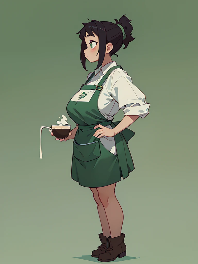 Cool beauty,Looks sweet,ponytail hairstyle, (only wearing white dark green apron), show clavage, show big thigh, huge breast, side view, full body photo, standing on kitchen. Dark background, in a coffee shop
