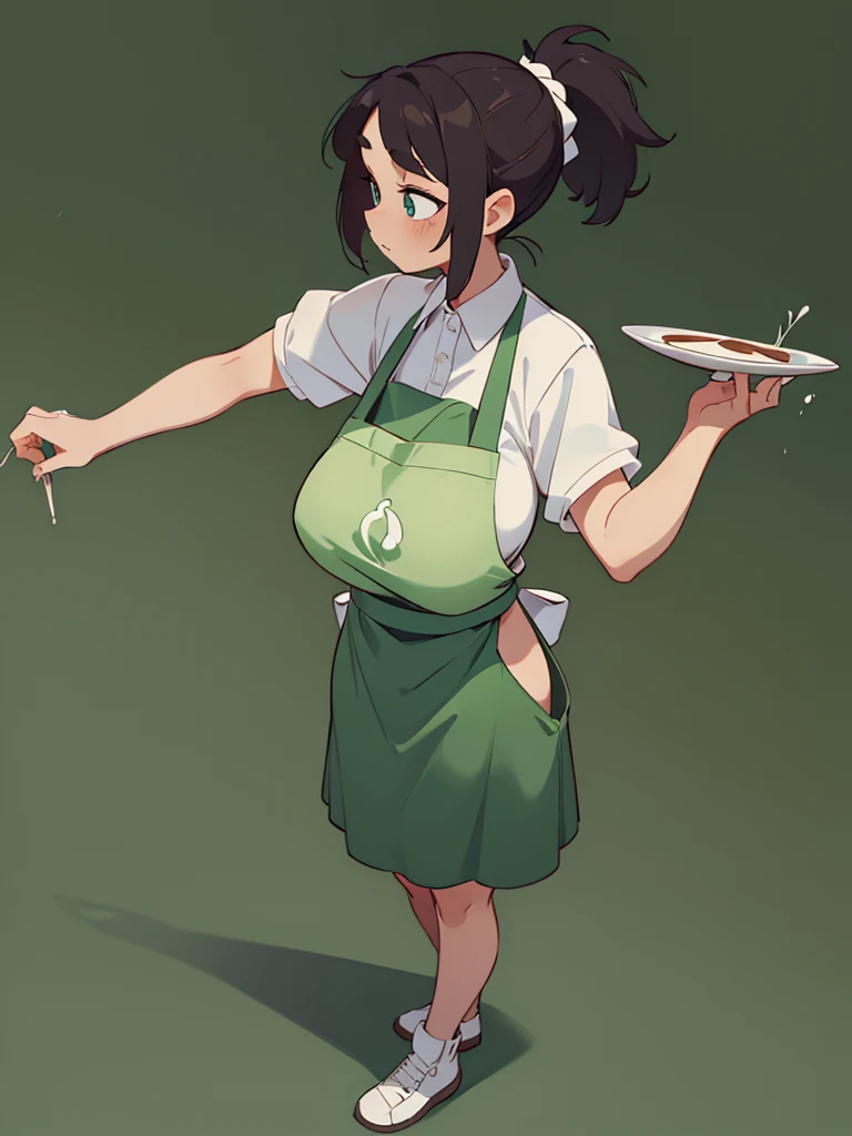 Cool beauty,Looks sweet,ponytail hairstyle, (only wearing white dark green apron), show clavage, show big thigh, huge breast, side view, full body photo, standing on kitchen. Dark background, in a coffee shop