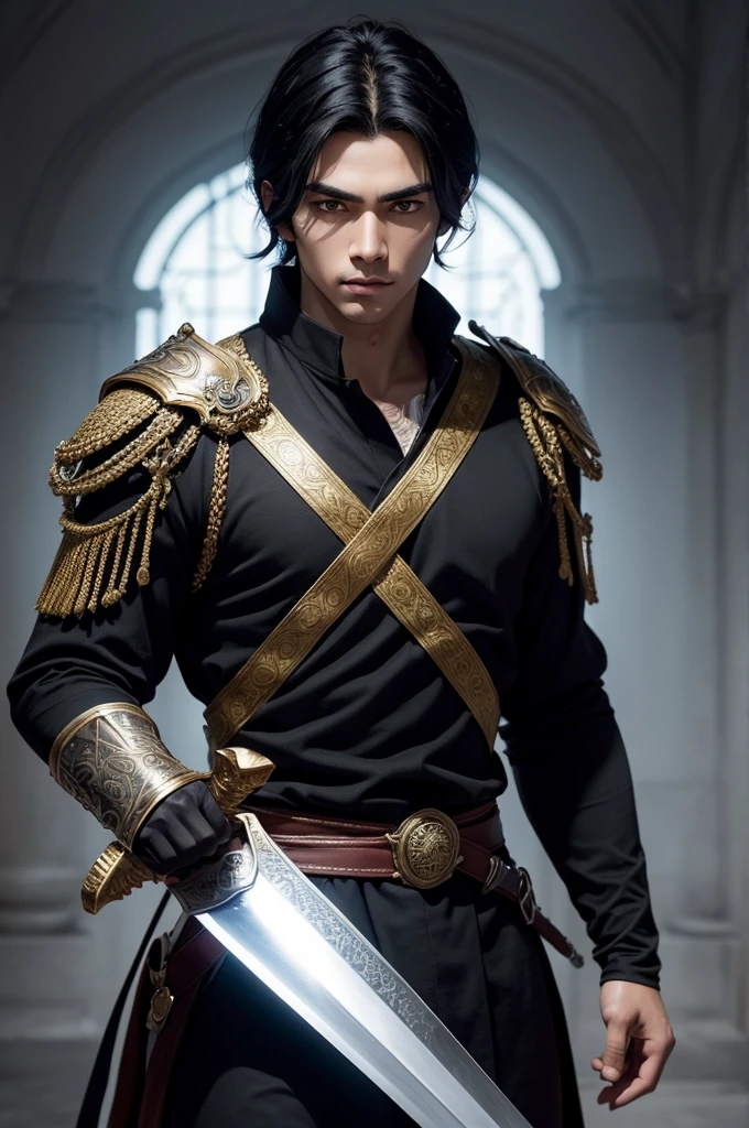 Make 2d image of a handsome black haired king holding a sword 