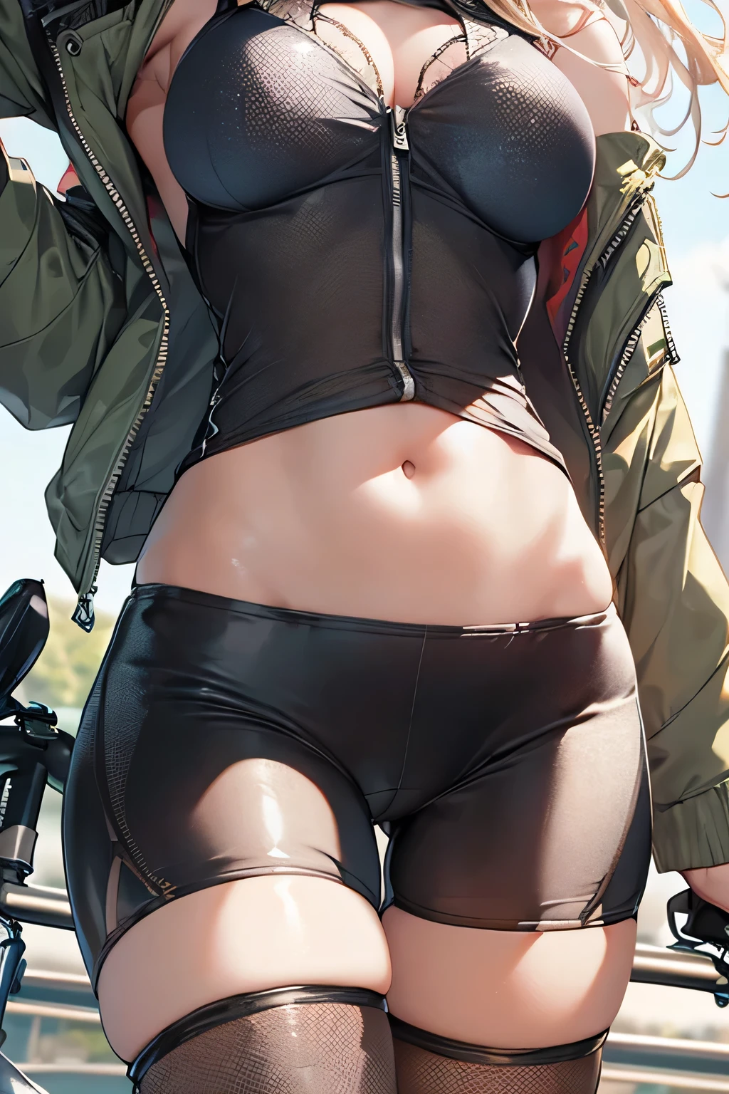 Highest quality、超High resolution、High resolution、Highly detailed CG、8k unit wallpaper、(((Perfect photo))), One Girl, alone, , Azusa Nakano, , Jacket, View your audience, smile, (Huge breasts), SFW with hidden breasts, Big ample breasts!, SFW Big, Beautiful and seductive anime woman, huge bountiful breasts!!, Bust ratio adopted, Highest quality, Official Art, Best Anatomy, (Super shiny mesh bike shorts,:1.5)、((Dynamic pose))、Cowboy Shot, (Close-up from below)、