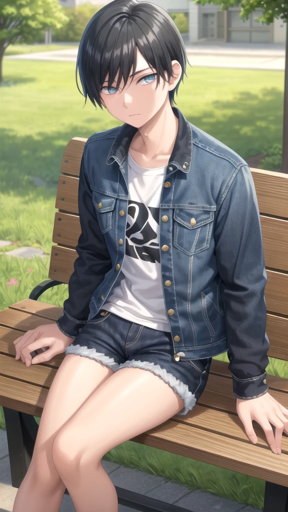 masterpiece, best quality, high quality, 1boy, solo, 14-year-old boy,evil boy,male focus, looking at viewer , black hair, old-school swoop haircut,blue jean jacket,black shorts, emerald eyes, sitting on a bench