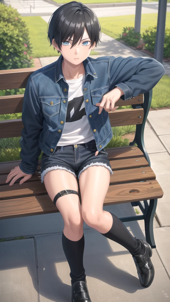 masterpiece, best quality, high quality, 1boy, solo, 14-year-old boy,evil boy,male focus, looking at viewer , black hair, old-school swoop haircut,blue jean jacket,black shorts, emerald eyes, sitting on a bench 