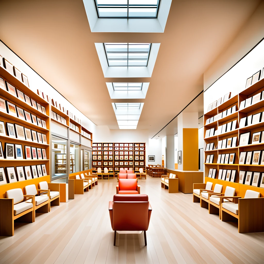 Create a hyper-realistic image of a chair museum with a perspective angle that emphasizes the large space and rows of shelves displaying chairs. The museum should have high ceilings and large windows allowing natural light to stream in. The shelves should be neatly arranged, showcasing a variety of chairs from different eras and styles. Include informational plaques next to the chairs and a few visitors admiring the exhibits. The overall atmosphere should be grand and educational, capturing the beauty and diversity of chair design in a spacious and well-lit environment