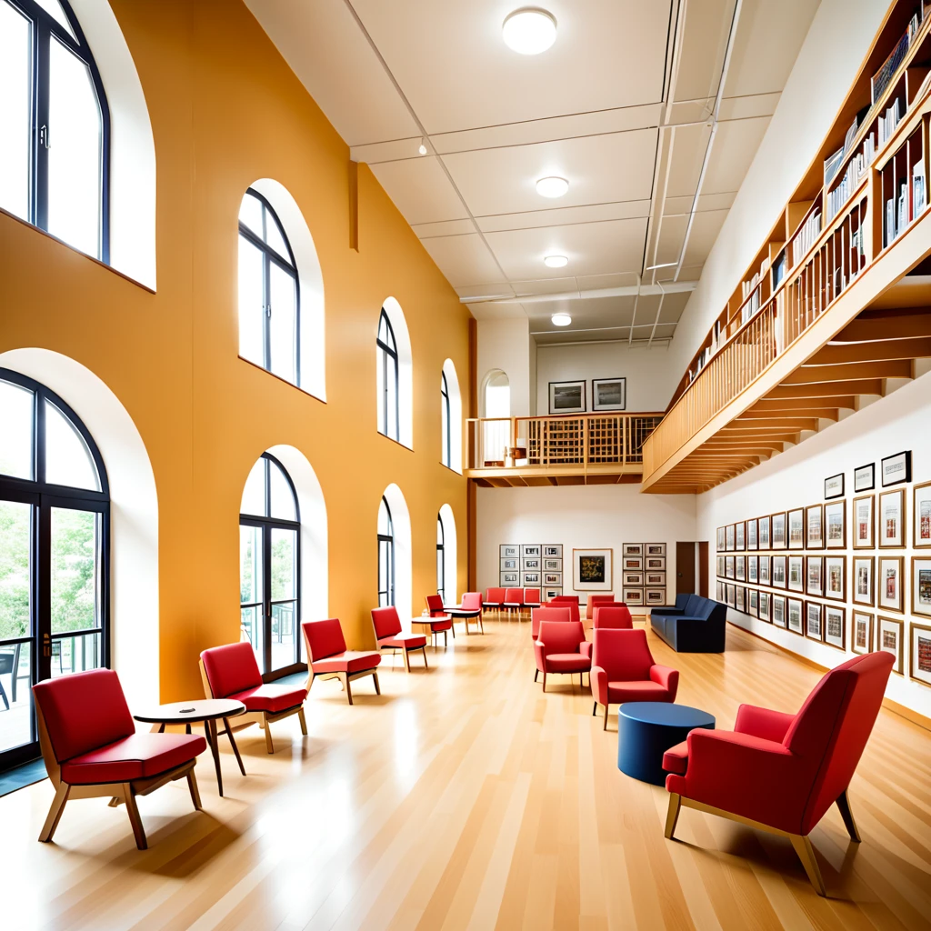 Create a hyper-realistic image of a chair museum with a perspective angle that emphasizes the large space and rows of shelves displaying chairs. The museum should have high ceilings and large windows allowing natural light to stream in. The shelves should be neatly arranged, showcasing a variety of chairs from different eras and styles. Include informational plaques next to the chairs and a few visitors admiring the exhibits. The overall atmosphere should be grand and educational, capturing the beauty and diversity of chair design in a spacious and well-lit environment