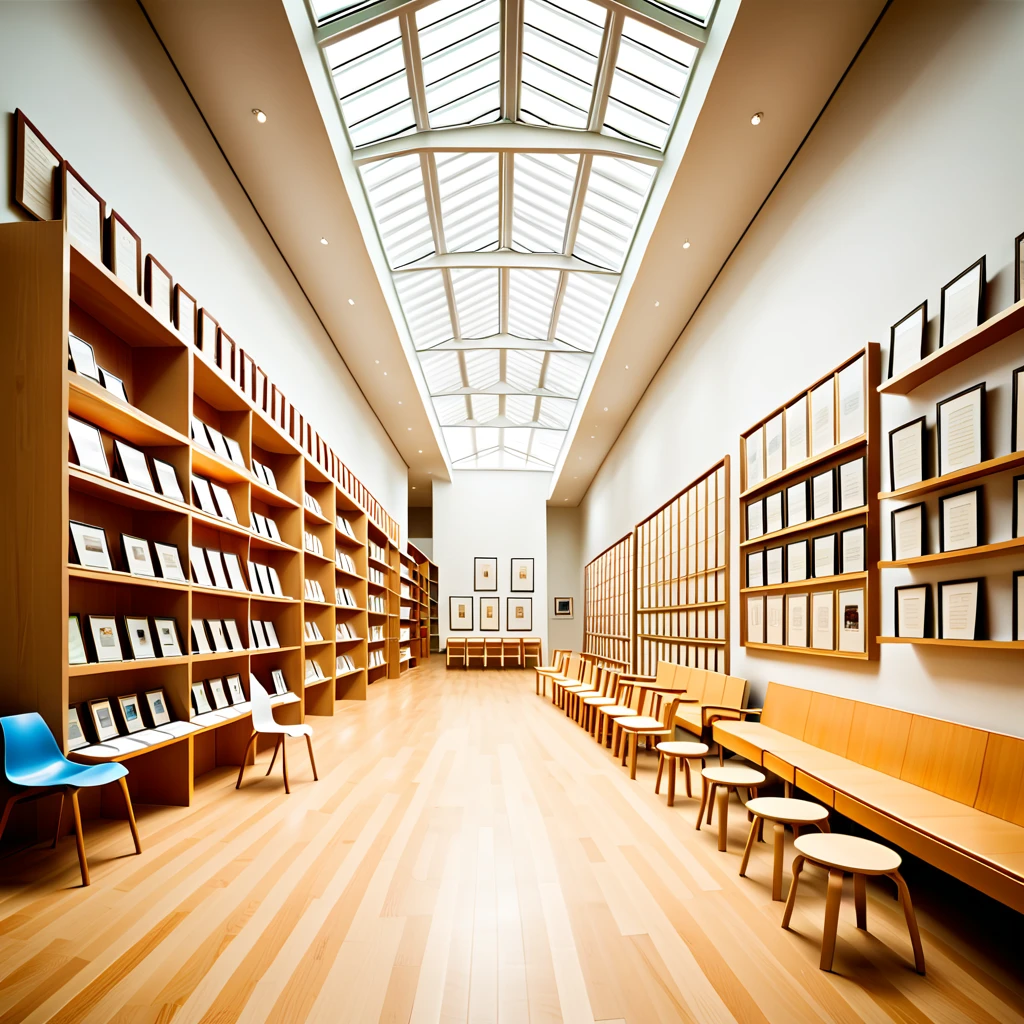Create a hyper-realistic image of a chair museum with a perspective angle that emphasizes the large space and rows of shelves displaying chairs. The museum should have high ceilings and large windows allowing natural light to stream in. The shelves should be neatly arranged, showcasing a variety of chairs from different eras and styles. Include informational plaques next to the chairs and a few visitors admiring the exhibits. The overall atmosphere should be grand and educational, capturing the beauty and diversity of chair design in a spacious and well-lit environment