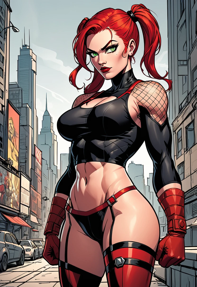 a page from comics, a strong female supervillain flexing her bicep for the camera, heroic pose, sketch, drawing. She has bright red hair in 2 pigtails, detailed green eyes. She wears a black leoard with t-back thong and long sleeves, red gloves, thigh high black boots, bare thighs. face detail, cinematic, graphic novel, vibrant, outline, sketch, drawing. City scape background