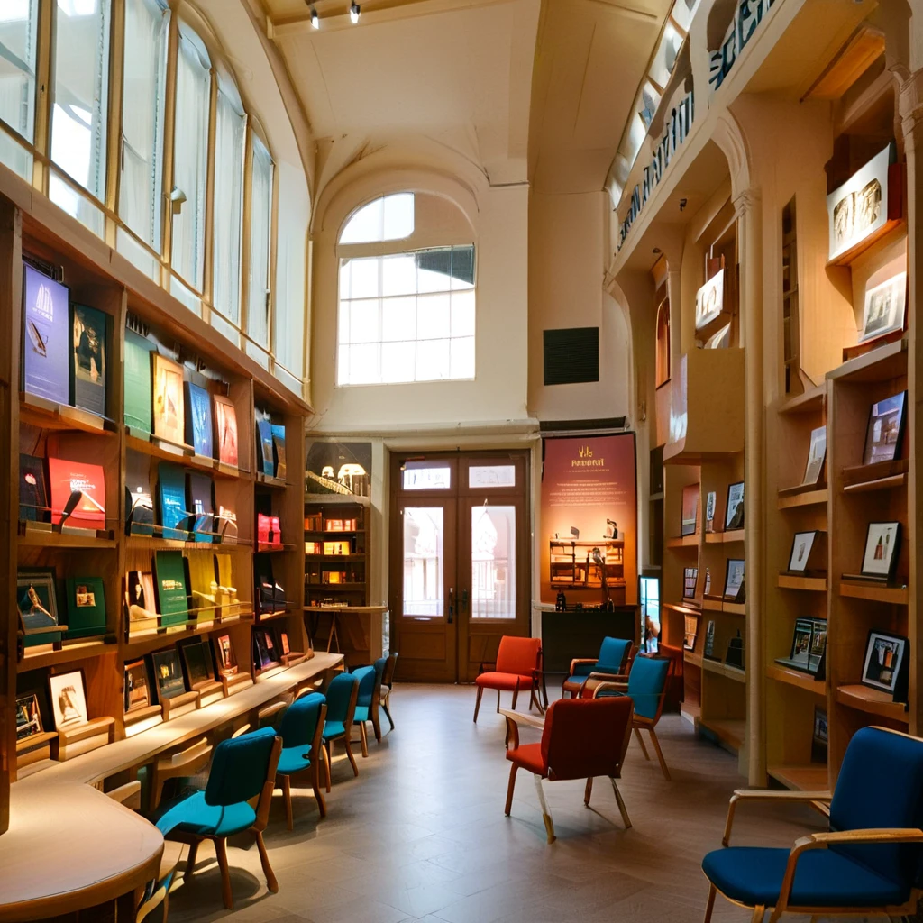 Create a hyper-realistic image of a chair museum with a perspective angle that emphasizes the large space and rows of shelves displaying chairs. The museum should have high ceilings and large windows allowing natural light to stream in. The shelves should be neatly arranged, showcasing a variety of chairs from different eras and styles. Include informational plaques next to the chairs and a few visitors admiring the exhibits. The overall atmosphere should be grand and educational, capturing the beauty and diversity of chair design in a spacious and well-lit environment