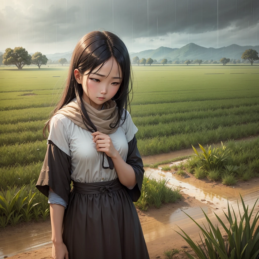 Is raining in the dry field.