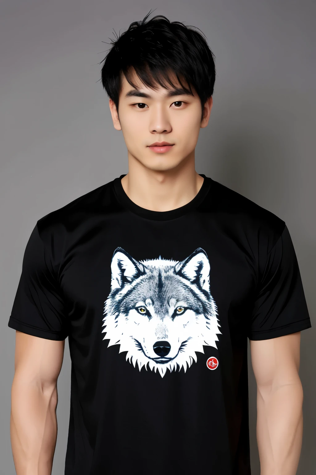 create a black shirt with a logo that says takeshiy with the image of a wolf logo on the right chest