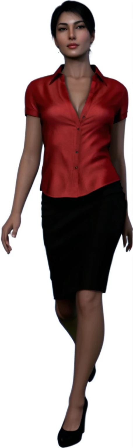 arafa woman in red shirt and black skirt walking, Full-body close-up, high resolution details, close-up of the upper body, detailled image, close-up of the upper body, black and red silk clothes, female outfit, full body view, semi-realistic, semi-realistic, high resolution and detail, ingame image, modeled in poser