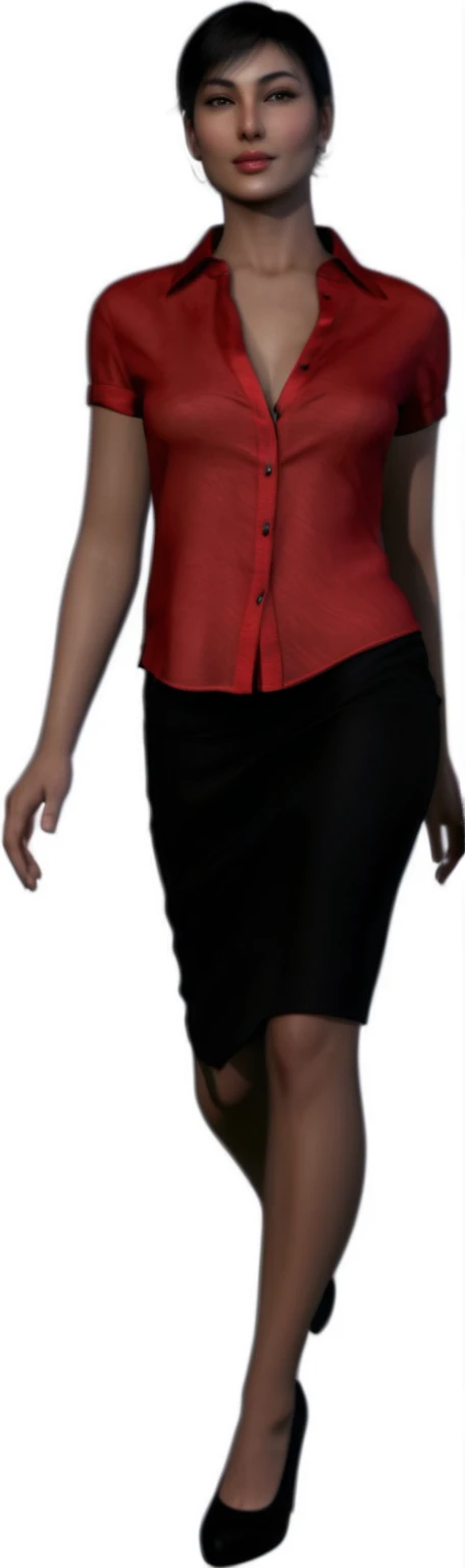 arafa woman in red shirt and black skirt walking, Full-body close-up, high resolution details, close-up of the upper body, detailled image, close-up of the upper body, black and red silk clothes, female outfit, full body view, semi-realistic, semi-realistic, high resolution and detail, ingame image, modeled in poser