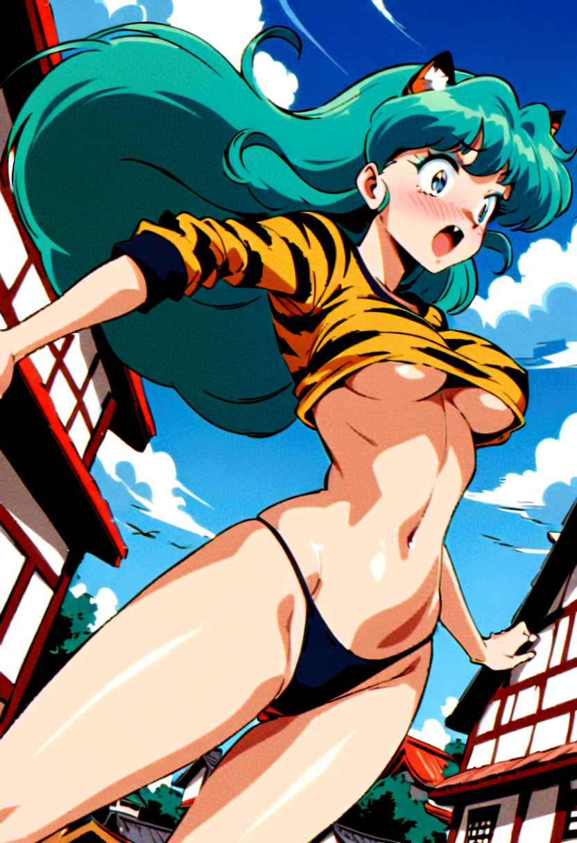 score_9, score_8_up, score_7_up, lum, solo, retro artstyle, 1980s style, breasts, blue eyes, eyeshadow, green hair, bangs, aqua hair, dynamic angle, large breasts, large ass, loose cropped tiger-stripped sweatshirt, underboob, skinny, thong, flashy clothing colors, textured clothing, embarrassed, japanese garden, bright sunny background, ExpressiveH, scenery, ultradetailed, highdefinition, ((flying, floating in air, anime japanese town, fly over houses, floating hair, wide view, from far)), emotional expression, vintage comic style, crazy eyes, fangs, drunk, crazy smile, horny, doyagao, puckered lips, motion blur, wide shot, naughty, oral invitation