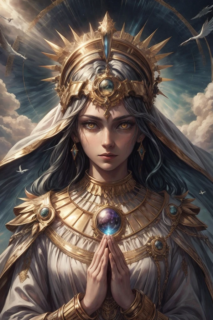 (masterpiece, best quality), photorealistic rendering,   1 girl, adult  woman,  yellow eyes, gray wedge cut hair,
(style-swirlmagic:0.9), portrait, looking at viewer, solo, half shot, detailed background, close up, shining (Cyber_Egypt theme:1.1), divine deity of the skies, sunshine, flying, birds, rainbow,  clouds in background, majestic divine atmosphere, bright light, holy aura, bloom, halo above head, divine light, white clothes,   arms reaching,