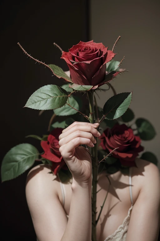 just a pair of bruised hands holding a thorny rose. do not add people to the image.