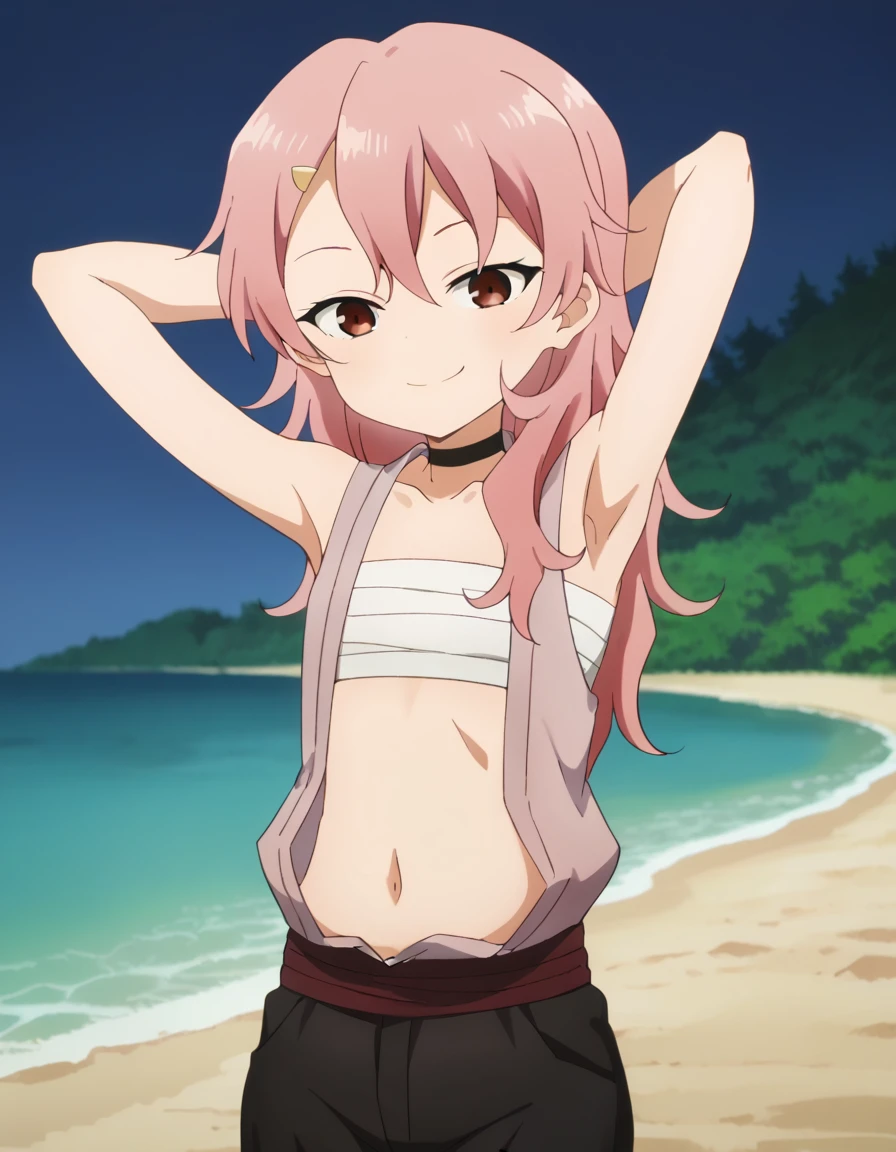 benisumomo, anime coloring ,BREAK source_anime, anime, long hair, hair ornament, red eyes, navel, pink hair, choker, hairclip, flat chest, black choker, sarashi, chest sarashi, black shorts,  high quality, solo, 1girl, night sky, beach, arms behind head, (contrapposto), closed mouth, spread armpits, (cowboy shot:1.5), looking at viewer, best quality, suggestive smile,