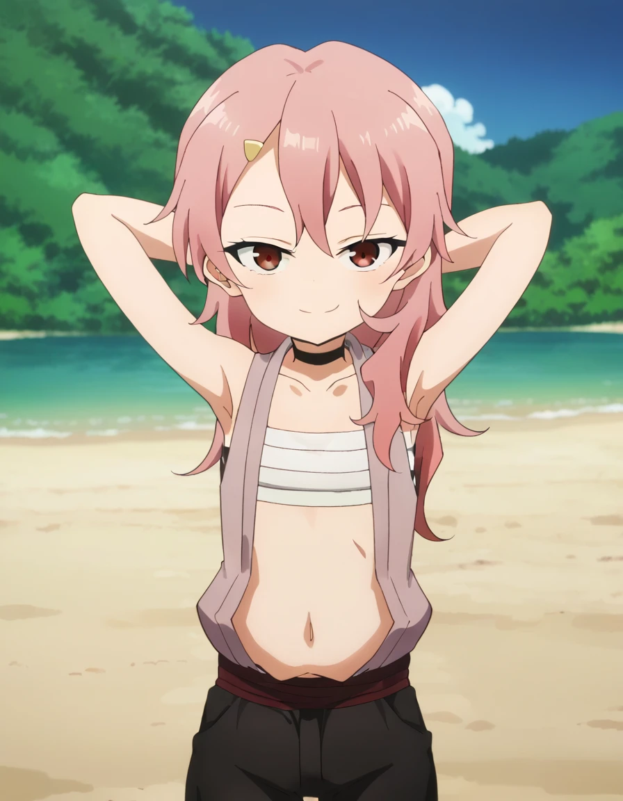 benisumomo, anime coloring ,BREAK source_anime, anime, long hair, hair ornament, red eyes, navel, pink hair, choker, hairclip, flat chest, black choker, sarashi, chest sarashi, black shorts,  high quality, solo, 1girl, night sky, beach, arms behind head, (contrapposto), closed mouth, spread armpits, (cowboy shot:1.5), looking at viewer, best quality, suggestive smile,