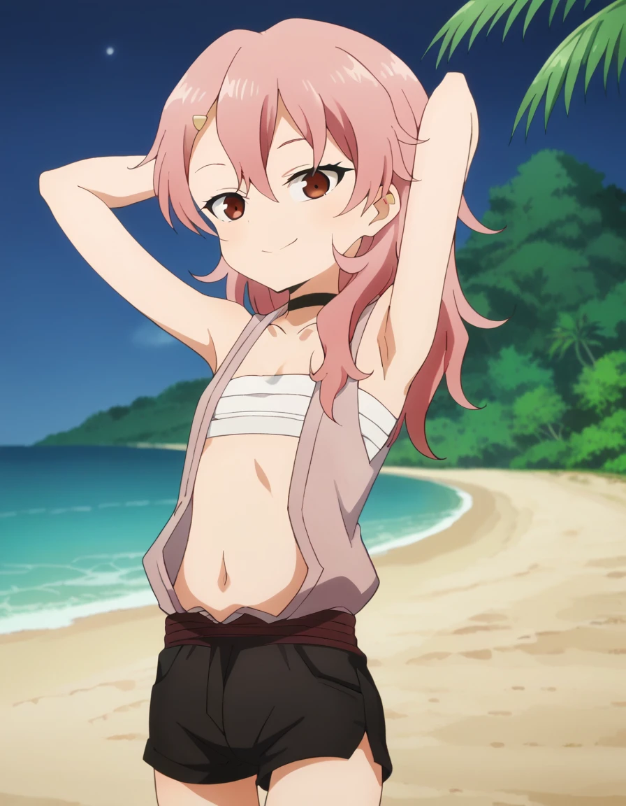 benisumomo, anime coloring ,BREAK source_anime, anime, long hair, hair ornament, red eyes, navel, pink hair, choker, hairclip, flat chest, black choker, sarashi, chest sarashi, black shorts,  high quality, solo, 1girl, night sky, beach, arms behind head, (contrapposto), closed mouth, spread armpits, (cowboy shot:1.5), looking at viewer, best quality, suggestive smile,