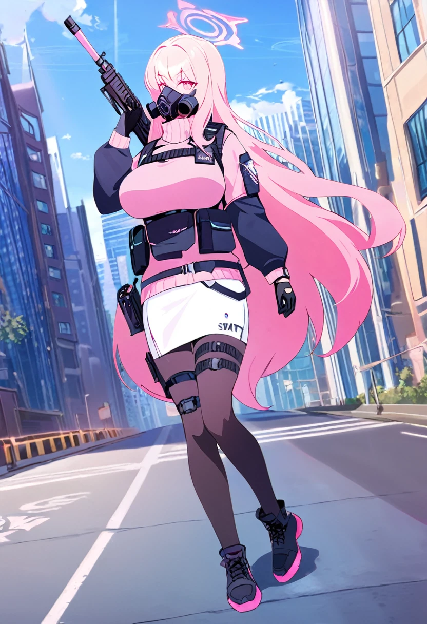 1 girl, pink long hair, large breast, Black swat vest, wear Black gloves, Wearing a gas mask, White skirt, pink sweater, pink pupils, holding a pink assault rifle, full body-view, blue archive style, city backgrounds.