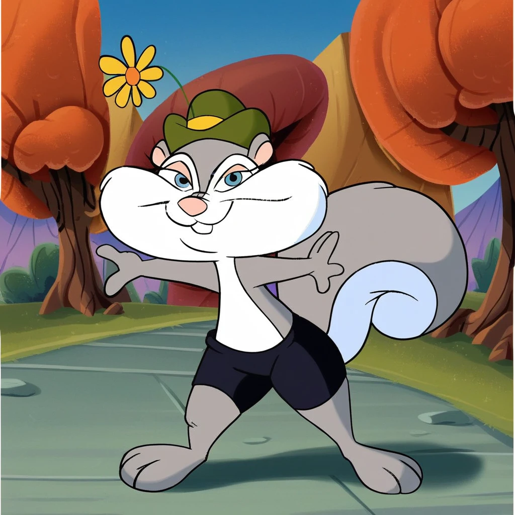 score_9, score_8_up, score_7_up, score_6_up, score_5_up, score_4_up, (Source furry),  slappy squirrel, furry female, 1girl, solo, outside, trees, smile, squirrel girl, looking at viewer, blue eyes, tail, grey fur, two tone fur, hat, wearing black shorts, thick thighs, flower hat, glitching while dancing,