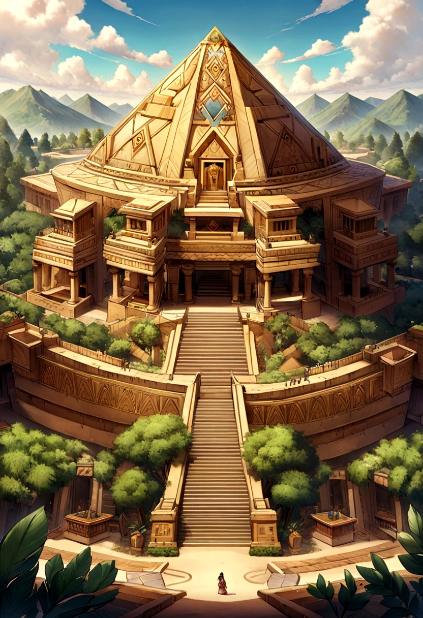 Entrance to mysterious dark fantasy Mayan home in A large pyramid with a huge, intricately shaped yellow roof that sits on top of a mountain. It has a fantasy structure, and trees growing underneath. The fantasy element is very strong. The bridge over the pyramid makes people excited to go there. There is a large statue of quetzalcoatl that serves as a symbol.