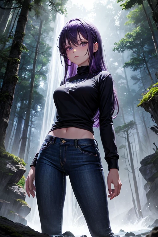 Alone, 1 girl, hot, purple hair, silver eyes, dark gray jeans, Lens flare, boreal rainforest, detailed background, Surreal,