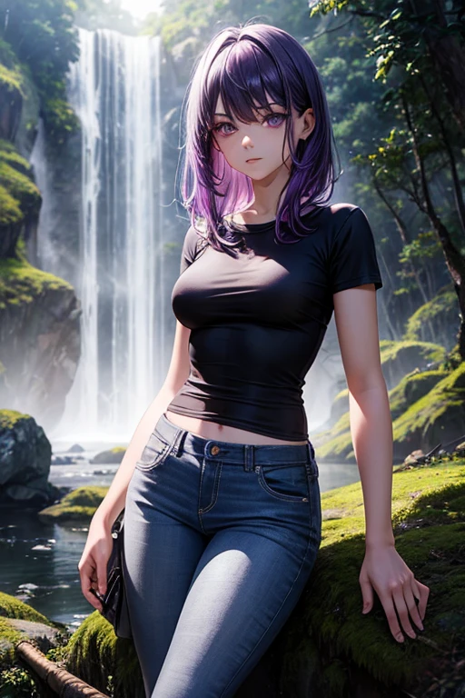 Alone, 1 girl, hot, purple hair, silver eyes, dark gray jeans, Lens flare, boreal rainforest, detailed background, Surreal,