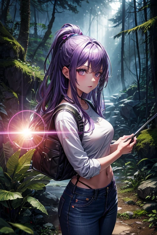 Alone, 1 girl, hot, purple hair, silver eyes, dark gray jeans, Lens flare, boreal rainforest, detailed background, Surreal,