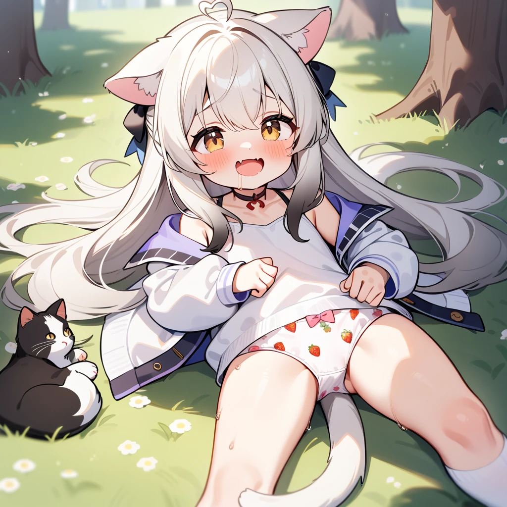 (masterpiece:1.2,high quality),8K,High resolution,A seven-year-old girl,cute girl,Sunohara Kokona(blue archive),white hair,long hair,light brown eyes,,cat ears,Halation,heart ahoge,cat ears,laughing,skin fang,saliva,Wear a white hoodie,no shorts,Strawberry pattern panties,Bows on panties,Lying in the forest,There are flowering trees on both sides,primary school student,thigh,Calf,white socks,cat tail,alone,(Put your hands in your pockets)