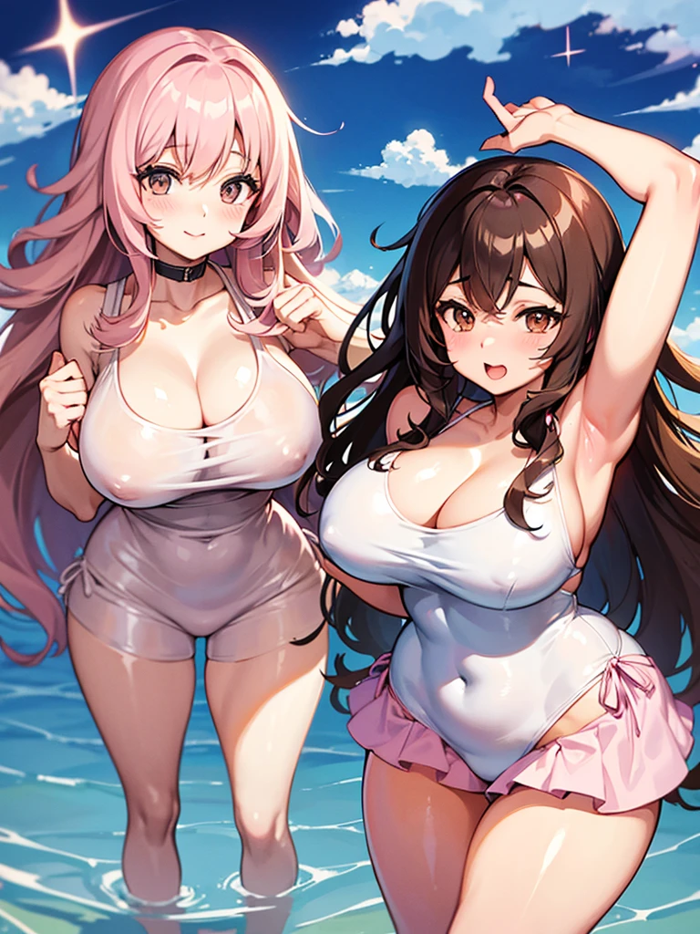 Anime girl, thick and curvy, long curly brown hair with bangs, brown eyes, pastel coquette aesthetic