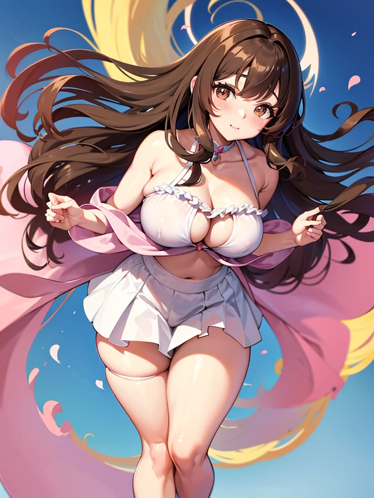 Anime girl, thick and curvy, long curly brown hair with bangs, brown eyes, pastel coquette aesthetic
