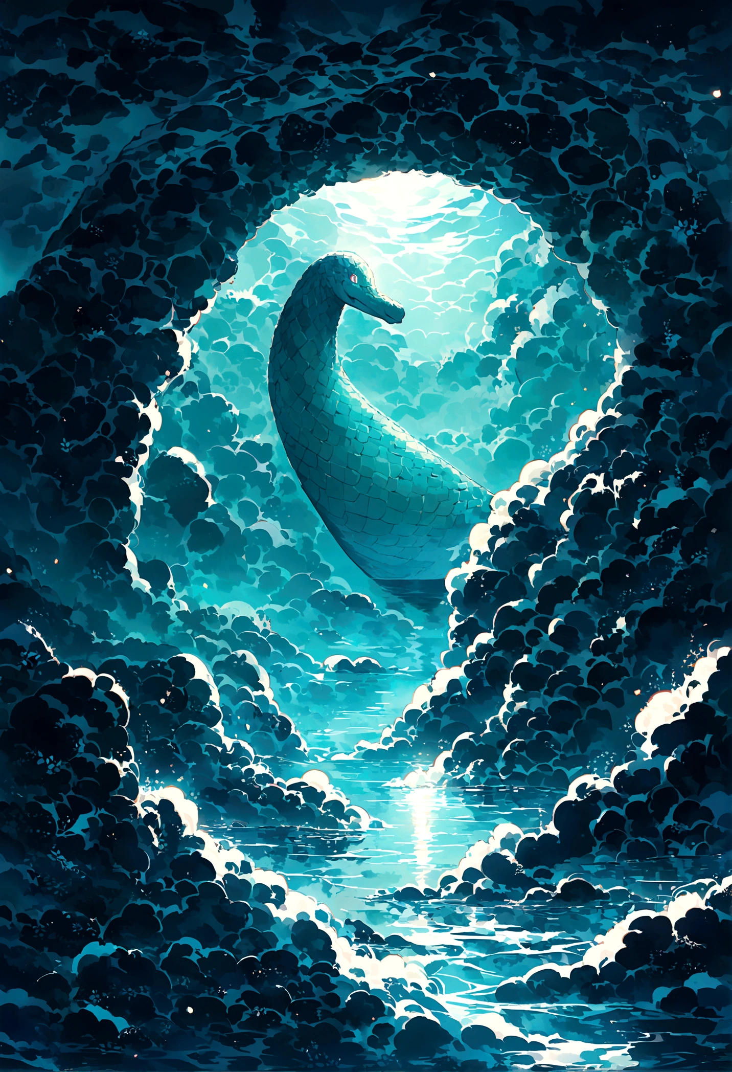 Loch Ness monster swimming in the ocean,deep turquoise water,rippling waves,giant creature emerging,dark and mysterious depths,vivid colors,subtle sunlight filtering through the water,monster with scaly skin and long neck,large,expressive eyes,splash of water,sense of wonder and awe,mythical creature hiding in plain sight,foggy mist enveloping the scene,dramatic lighting,crisp,detailed textures,hidden depths beneath the surface,reflection of the creature on the water's surface", heaven in sky